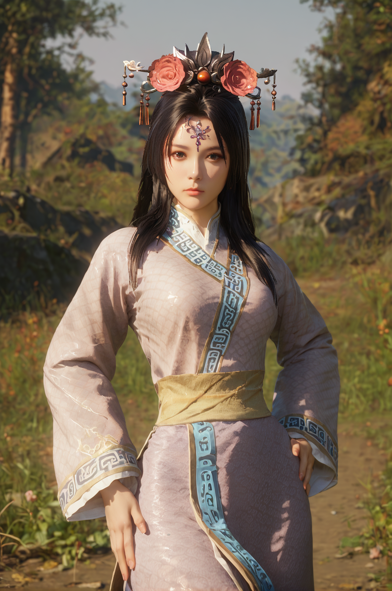 score_9, score_8_up, score_7_up, Leaning back with hands on the hips,<lora:Yu_Meiren_Dynasty_Warriors:0.7> 1girl, solo, black hair, long hair, hair ornament, hair flower, brown eyes, chinese clothes, long sleeves, outdoors, looking at viewer