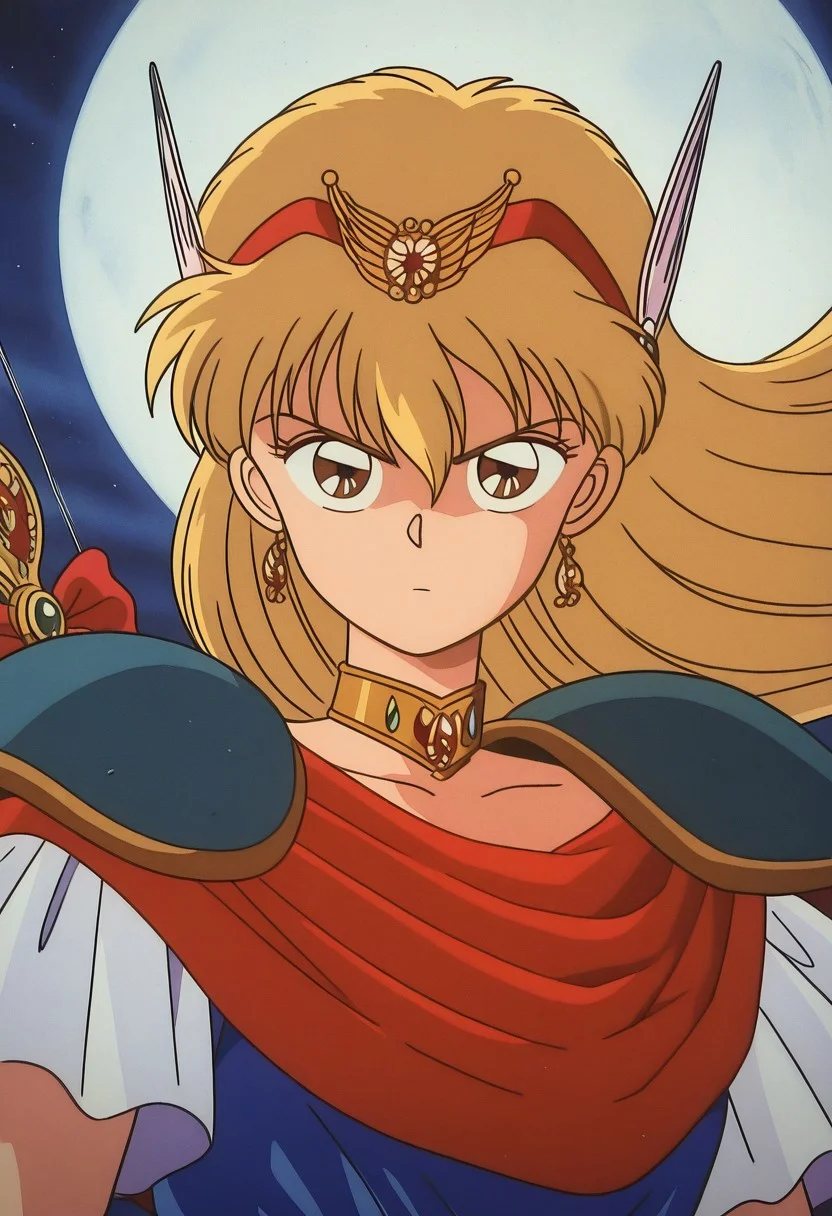masterpiece, best quality, source_anime,official art,perfect_anatomy,1990s_\(style\),retro_artstyle,magical princess,1girl,brown eyes,blonde hair,long hair,jewelry,earrings,choker,armor,shoulder armor,hairband,hair ornament,cape,(beautiful detailed face,serious,determined, staring_at_viewer,holding_weapon:1.1),(Readying bow,arrow:1.2),upper body,close to viewer,night_sky,full-moon