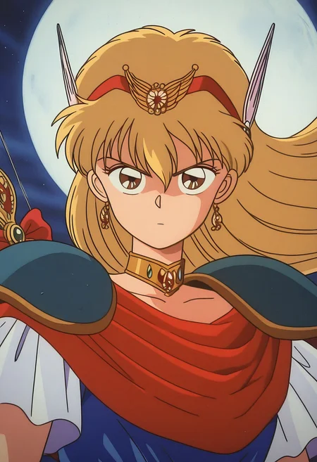 masterpiece, best quality, source_anime,official art,perfect_anatomy,1990s_\(style\),retro_artstyle,magical princess,1girl,brown eyes,blonde hair,long hair,jewelry,earrings,choker,armor,shoulder armor,hairband,hair ornament,cape,(beautiful detailed face,serious,determined, staring_at_viewer,holding_weapon:1.1),(Readying bow,arrow:1.2),upper body,close to viewer,night_sky,full-moon