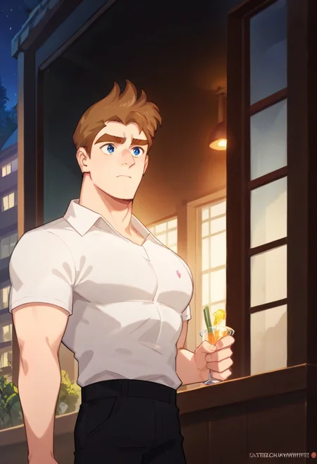 Night, View from outside the window, restaurant window display, score_9, score_8_up, score_7_up, score_6_up, cartoon source, break
steve maryweather, 1boy, solo, blue eyes, brown hair, thick eyebrows, white shirt, black pants, outside, on the street,