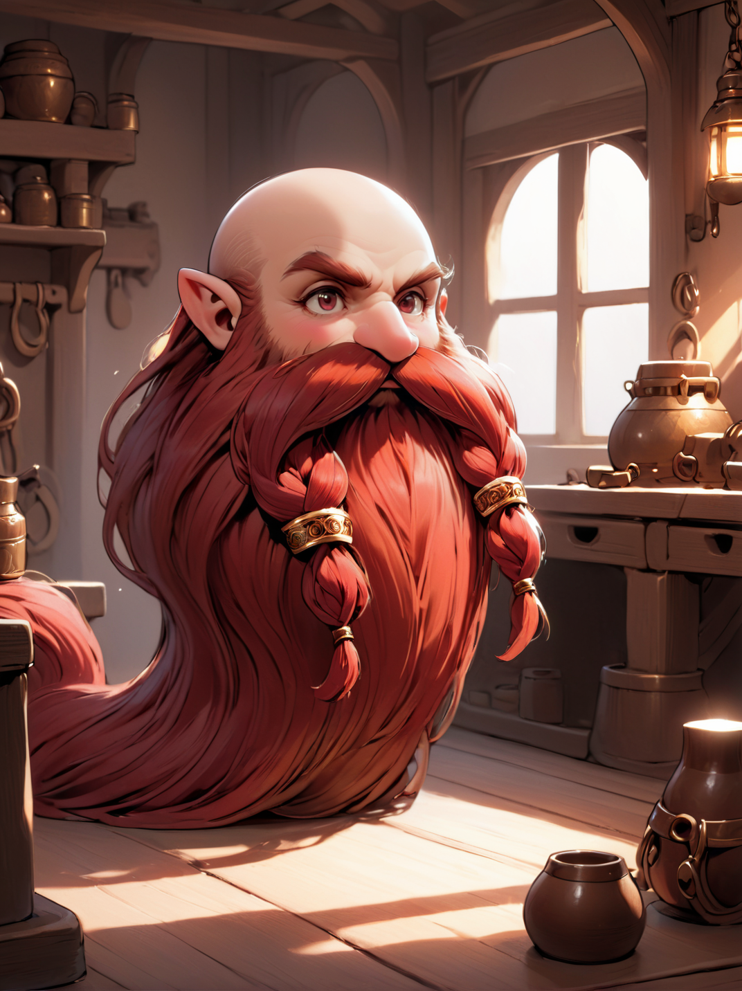 anime style,waifu, kawaii, super cute, big eyes, ultra detailed, masterpiece,  Harry_Dwarf,  dwarf-like, flowing long Ruby beard, twirly moustache,bald, bangles, <lora:Harry_Dwarf_1.5:1>, back lighting, beautiful lighting, at a workbench