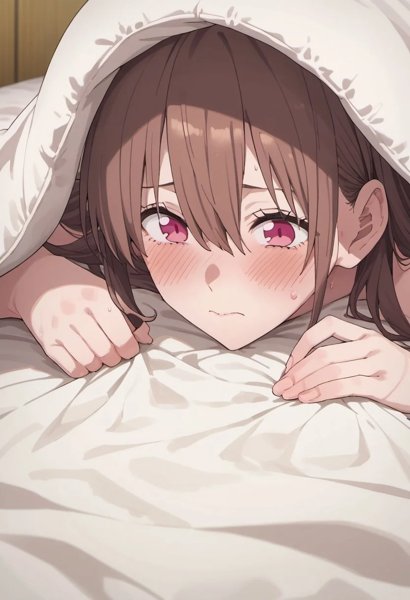 score_9, score_8_up, score_7_up, source_anime, tachibana mikari, long hair, brown hair, pink eyes, 1girl, blush, solo, closed mouth, on stomach, lying, hair between eyes, under covers, sweat