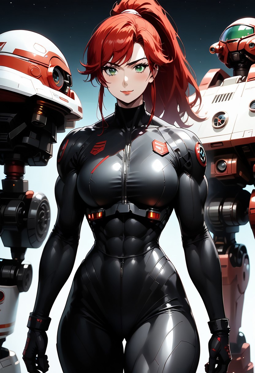 score_9, score_8_up, score_7_up, beautiful color, 
aesthetic, 2d, anime coloring, anime screencap, source_anime,
muscular female, curvy, large breasts, large pectorals, wipe hips, thick thighs, muscular thighs, abs, huge ass,
red hair, long hair, high ponytail, swept bangs, green eyes, seductive smile, (black bodysuit:1.5), (mech pilot bodysuit:1.6), (seamless bodysuit:1.2),