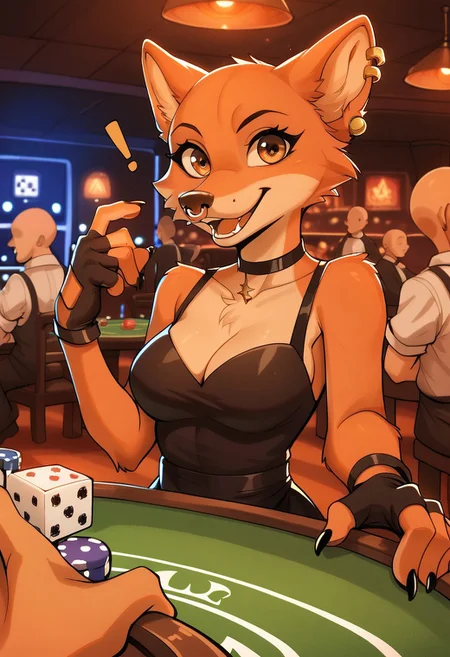 score_9, score_8_up, score_7_up, score_6_up, score_5_up, source_furry, furry, fur, flurry, solo, portrait,
BREAK 1girl, ((solo:1.8,)) sitting in casino table playing games, white exclamation mark, Foxy_Liars_Bar, ((bald:2, no hair:1.4,)) orange fur, two tone fur, brown eyes, nose piercing, ears piercing, fingerless gloves, black stockings, black dress, paws, tr1ck0rtr3at, black fingernails, punky, casino games, spotlight, ((holding casino dice1:2, white dice,)) open mouth, shouting, gambling, medium breasts, (black clothes:1.2), smile at viewer,
BREAK casino, casino table, poker night, offscreen male holding playing cards, casino chips, smile, closed mouth, ((fantastic lights and shadows:1.2, post processing))
