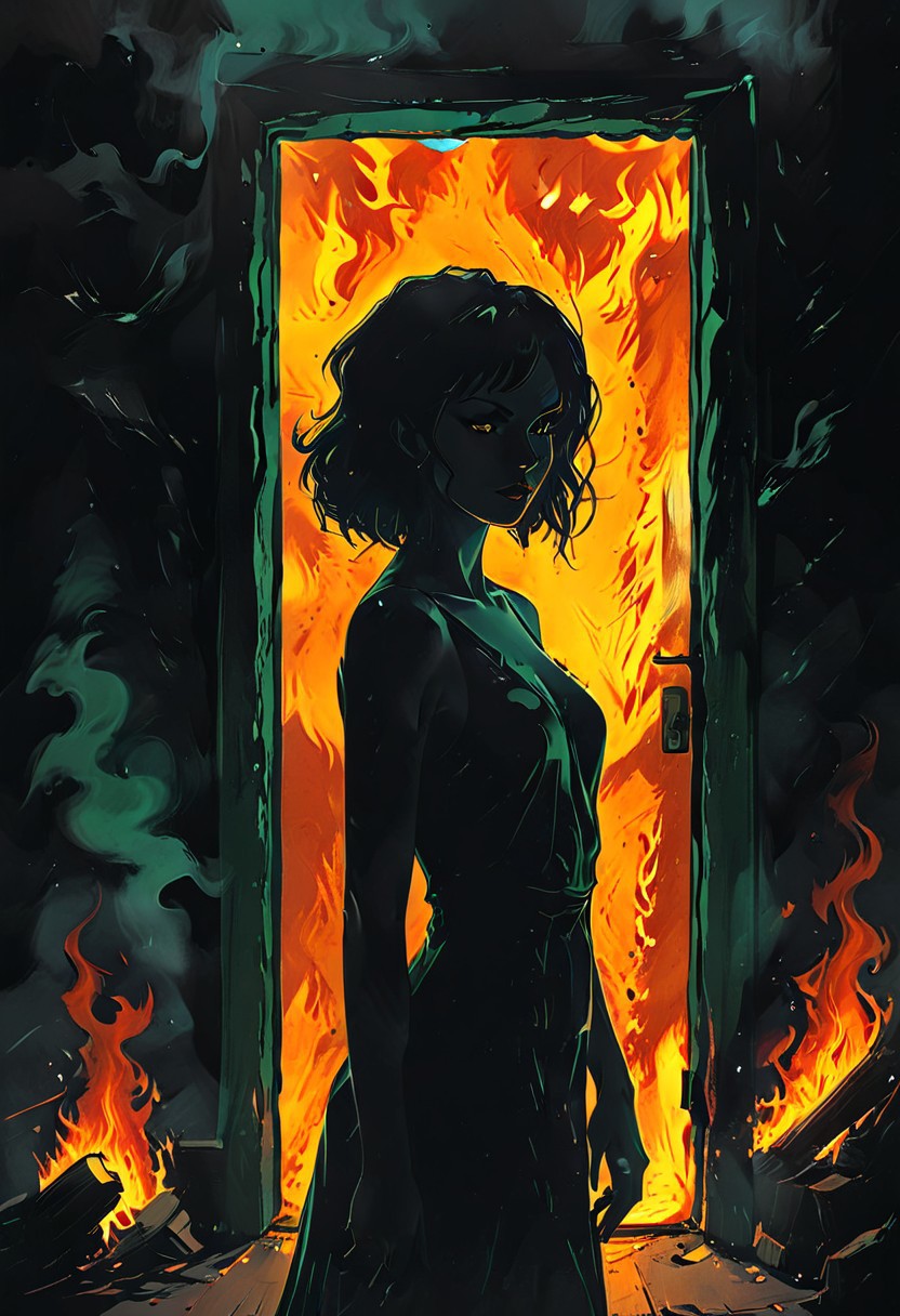 <lora:flame silhouette:1>,  <lora:flame:1>, flame,
burning office green door,
graphic style of novel comics, perfect hands, 2d,
8k, hyperrealism, masterpiece, high resolution, best quality, ultra-detailed, super realistic, Hyperrealistic art, high-quality, ultra high res, highest detailed, lot of details, Extremely high-resolution details, incredibly lifelike, colourful, soft cinematic light,