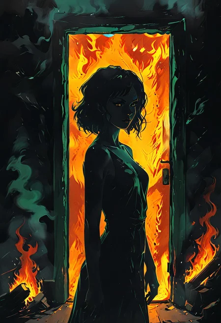 <lora:flame silhouette:1>, <lora:flame:1>, flame,
burning office green door,
graphic style of novel comics, perfect hands, 2d,
8k, hyperrealism, masterpiece, high resolution, best quality, ultra-detailed, super realistic, Hyperrealistic art, high-quality, ultra high res, highest detailed, lot of details, Extremely high-resolution details, incredibly lifelike, colourful, soft cinematic light,
