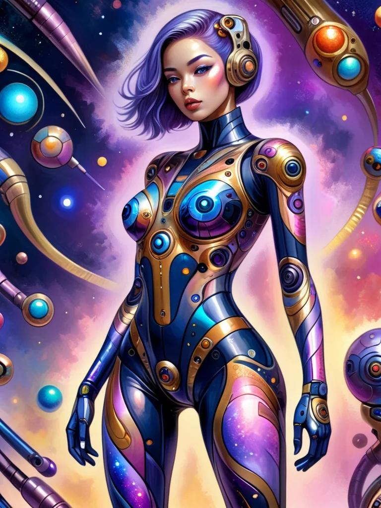 (best quality, masterpiece, realistic, detailed), cyber enhanced female cyborg wearing (navy blue cosmic glam bodysuit:1.1) (glimmering galaxy leggings with space odyssey hues:1.1), solo, full body, golden seams, side view, standing, legs spread apart, (lavender sparkle color background:1.3), nebula background, petite body, hourglass figure, large breasts, mg_jijia_girl, (machinery:1.1), mecha, glossy, dimly lit <lora:ral-colorswirl-sdxl:1> ral-colorswirl