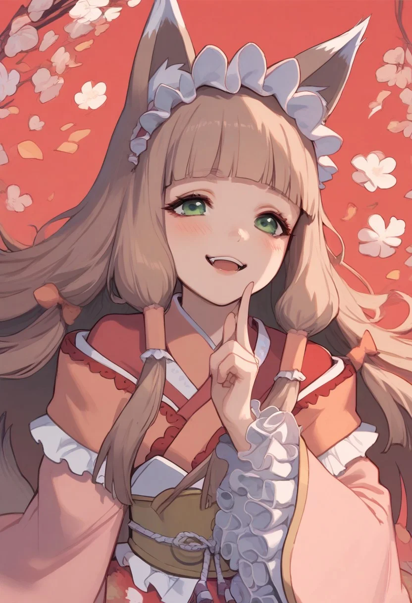 score_9, score_8_up, score_7_up, score_6_up, score_5_up, score_4_up, source_anime, 1girl, solo, (lips:0.9), maho normal, maho (princess connect!), animal ears, animal ear fluff, bangs, fox ears, frills, green eyes, kimono, long hair, fox girl, frilled hairband, blush, blunt bangs, hairband, pink kimono, wide sleeves, frilled sleeves, sidelocks, long sleeves, brown hair, fox tail, floral print, very long hair, bow, hair tubes, dress, light brown hair, pink dress, obi, sash, frilled ribbon, lolita_fashion, sleeves past wrists, hime cut, laughing, upper body, closed eyes, heart_in_mouth, XD, embrace a shotgun
