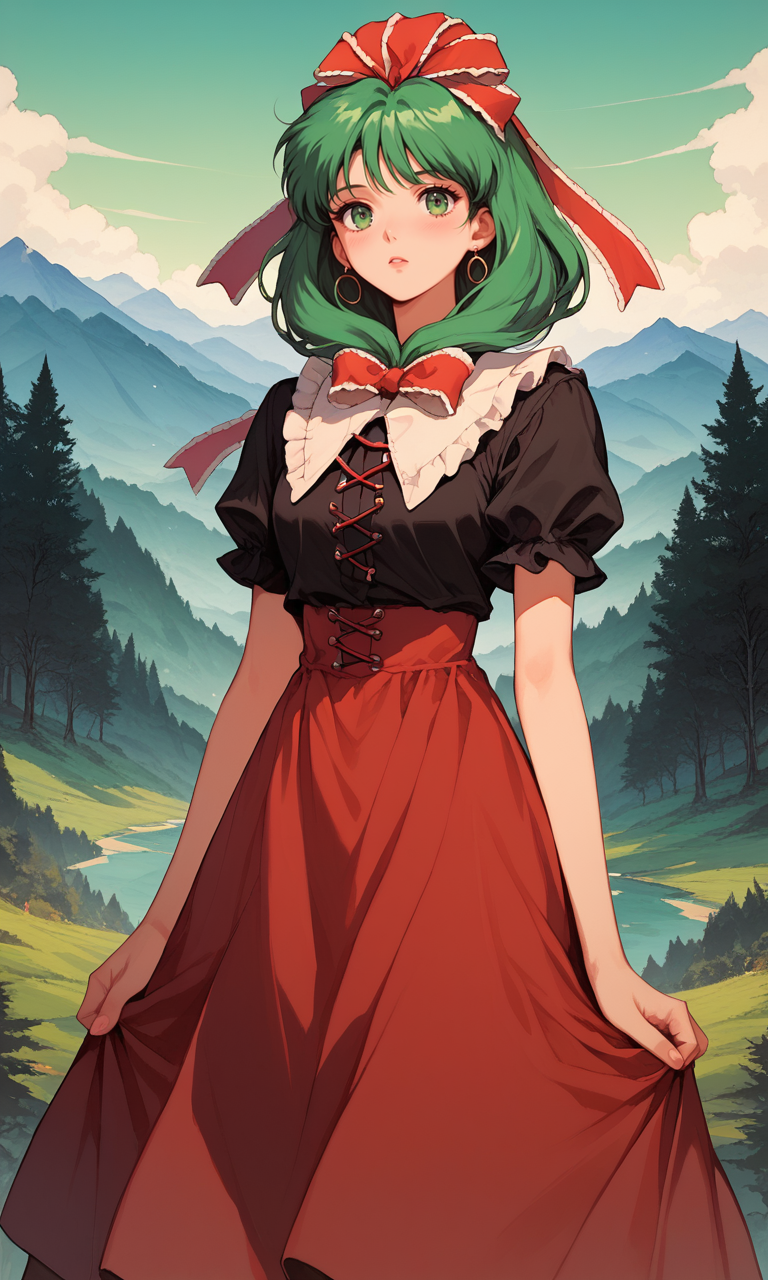 score_9, score_8_up, score_8, score_9, 1 girl,  source_anime, kagiyama hina, green hair, green eyes, ribbon, bow, lace trim, frills, dress, red dress, <lora:hina_pony-10:1>, mountain, forest, detailed background,  <lora:90s_Anime-Pony:0.8> 90s4n1m3, black shirt