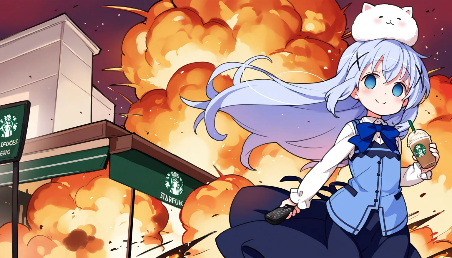 best qualityillustration,an extremely delicate and beautiful,(noise clear),(Intricate),(Hires.fix),outdoors,european town,wide shot, BREAK
1girl,smile,happy, gochuumon wa usagi desu ka?,kafuu chino,blue rabbit house uniform, tippy (gochiusa) on her head,(holding remote controller:1.2),walking,empty eyes, <lora:r00f-top:1> r00f-top, BREAK
explosion,<lora:explosion_r_v100:0.8>,(starbucks store burning:1.7)