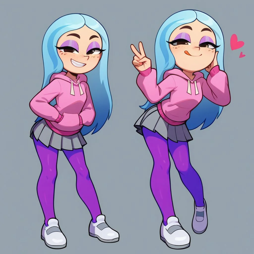 Andrea, 1girl, solo focus, cute, full body, looking at viewer, makeup, freckles, eyeshadow, half-closed eyes, tongue out, cute squint, grin, smug, smile, closed mouth, light blue hair, long hair, multicolored hair,bad girl, leaning forward, standing, hand in pocket, long sleeves, pink hoodie, skirt, pleated skirt, grey skirt, purple pantyhose, white shoes, simple background, heart, one hand up, v, from below, flat color,