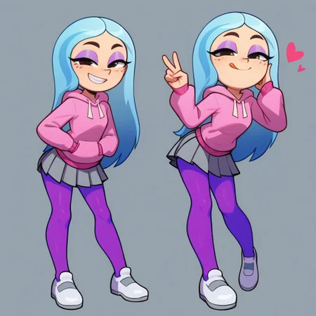 Andrea, 1girl, solo focus, cute, full body, looking at viewer, makeup, freckles, eyeshadow, half-closed eyes, tongue out, cute squint, grin, smug, smile, closed mouth, light blue hair, long hair, multicolored hair,bad girl, leaning forward, standing, hand in pocket, long sleeves, pink hoodie, skirt, pleated skirt, grey skirt, purple pantyhose, white shoes, simple background, heart, one hand up, v, from below, flat color,