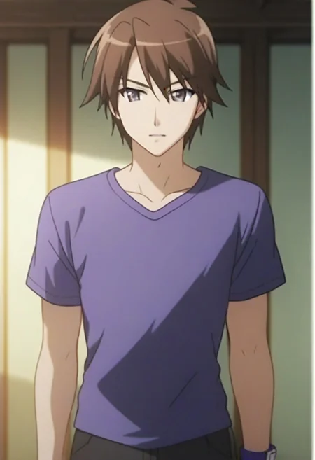 ((masterpiece)), ((best quality)), ((ultra-detailed)), ((absurdres)), score_9_up, score_8_up, score_7_up,
HD, top quality, best quality, amazing quality, High-quality illustrations, anime screencap, source_anime, best aesthetic, perfect proportions, perfect eyes, 1boy, 1male, solo boy, solo male, male focus, solo male focus, Anime, boy, male anime character, anime boy, handsome, cute, charming, Keisaku Satou, brown hair, purple-blue eyes, purple shirt, short sleeves, wristwatch, ((cowboy shot, head to hips shot)), ((facing front, front view)), easynegative, updn, Expressiveh, masterpiece, best quality, very aesthetic, absurdres