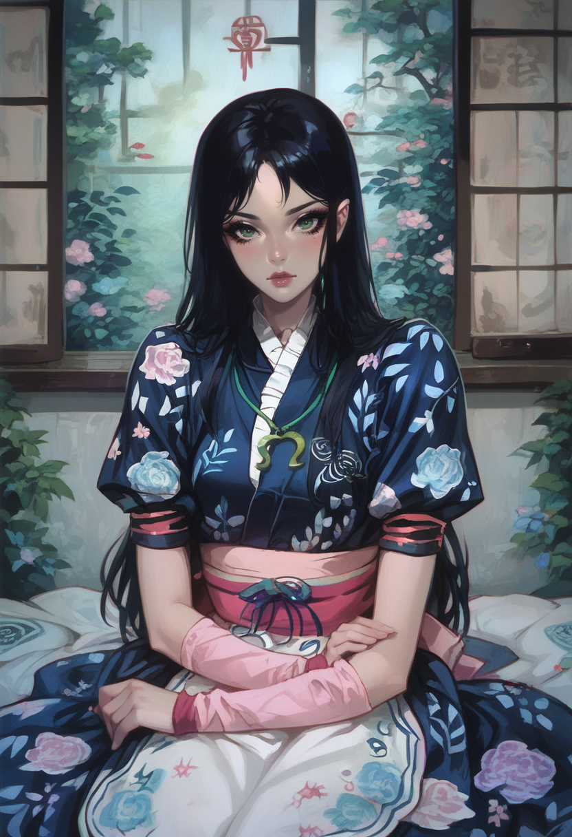 AMRSM,  1girl, solo,  young woman,  makeup,  green eyes, nephritis horseshoe pendant, apron,  long hair, black hair, looking at viewer ,  floral yukata,  pink  detached sleeves, indoor, inside dojo,   <lora:AliceSilkMaidenPonyV2:0.9>,    <lora:OldAnimeStyle_XL_v3:0.85>, score_9, score_8_up, score_7_up,