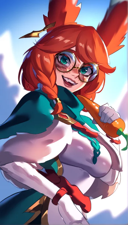 masterpiece,nebura,cartoon,1girl, aurora \(league of legends\), league of legends, smile,blue eyes, looking at viewer,parted lips,   lips, long hair, breasts,  open mouth, bangs, holding, animal ears, jewelry, green eyes, upper body, braid, :d, red hair, outdoors,glasses, teeth, shiny, hand up, medium hair, scarf, rabbit ears, shiny hair, twin braids, bracelet, fur trim, capelet, upper teeth only,  freckles,  round eyewear, carrot, cartoon,