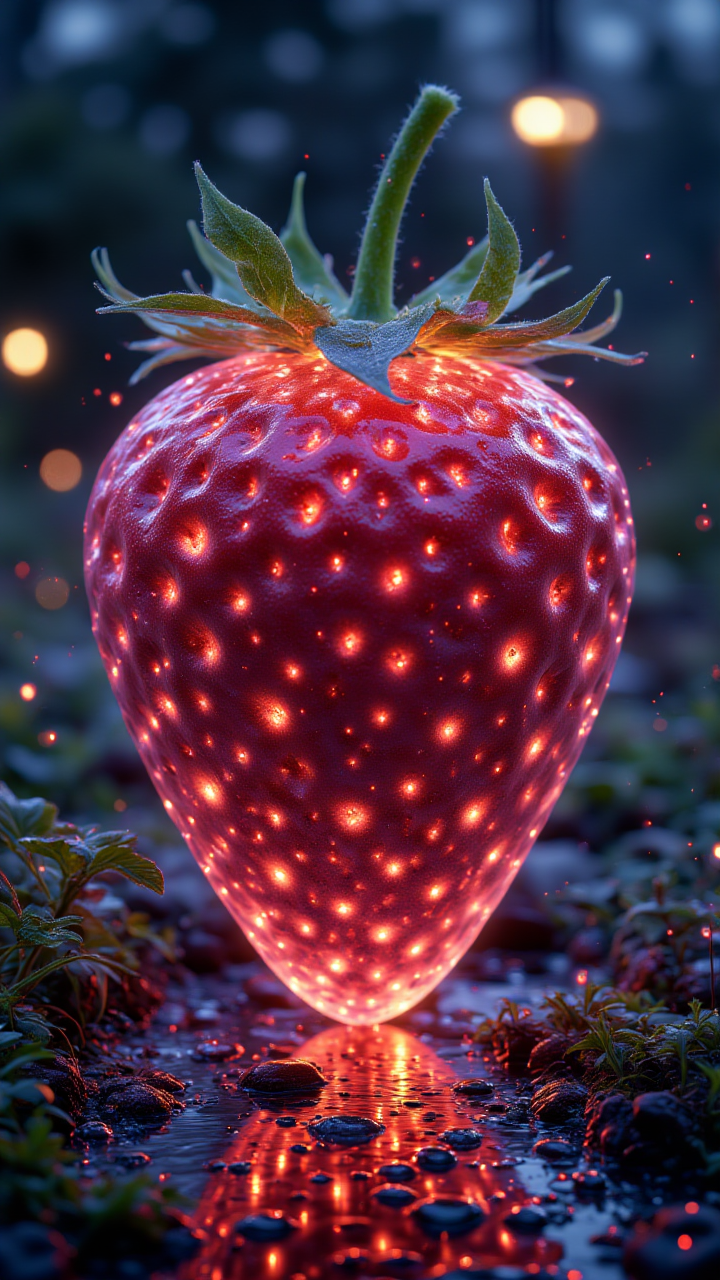giant floating strawberry, inhabited by tiny alien farmers, futuristic machinery, vibrant garden, intergalactic backdrop ,Ultra realistic, professional photo, uhd, 8k, studio light   , aidmaglow