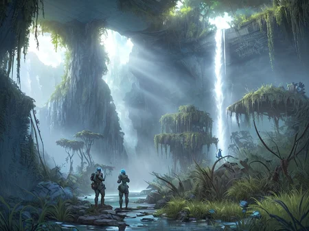 2wimen, 2men, (science fiction (adventurer outfit:1.1)) standing in front of waterfall, shallow water, (overgrown:1.16) ruins in background, 
 <lora:Wasteland:0.50> Wasteland, the, and, with, wasteland, (intricate detailed background:1.1),
(wide angle:0.8), perfect lighting, early morning light, blue soft light,