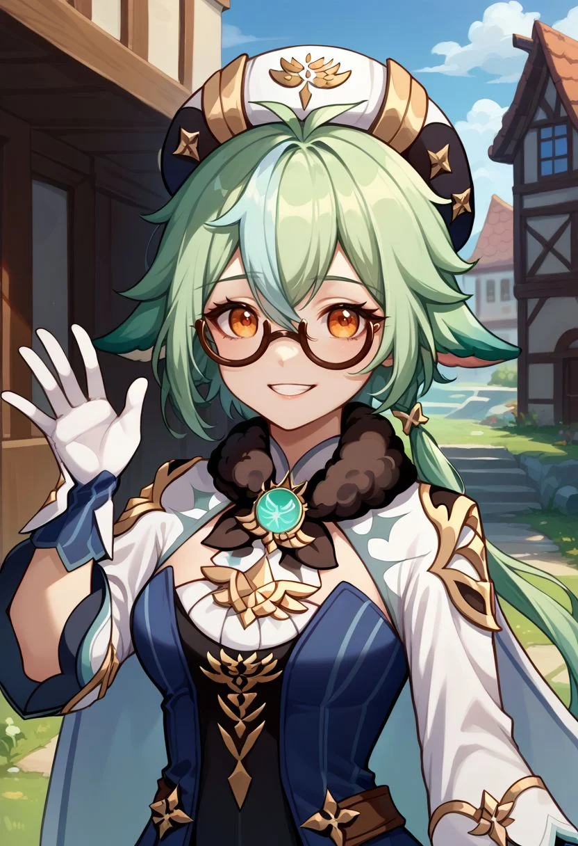 score_9, score_8_up, score_7_up, source_anime, 1girl, sucrosedef, orange eyes, green hair, multicolored hair, hair between eyes, long hair, ponytail, animal ears, glasses, semi-rimless eyewear, hat, beret, fur collar, vision (genshin impact), blue dress, gold trim, cape, long sleeves, white gloves, garter straps, black thighhighs, knee boots, white footwear, standing, smile, grin, looking at viewer, waving, outdoors, portrait, close-up, upper body, facing viewer, <lora:Sucrose_v1-000010:1>