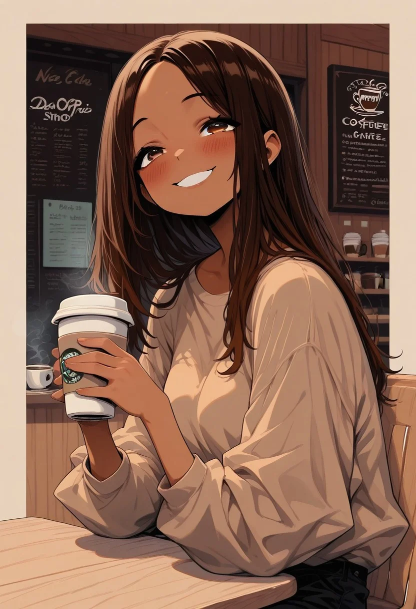 1girl, solo, long hair, dark brown hair, dark skin,  holding a coffee, coffee shop sitting, blush, drink ,portrait ,smiling outside border, masterpiece ,best quality ,amazing quality, neo_pop