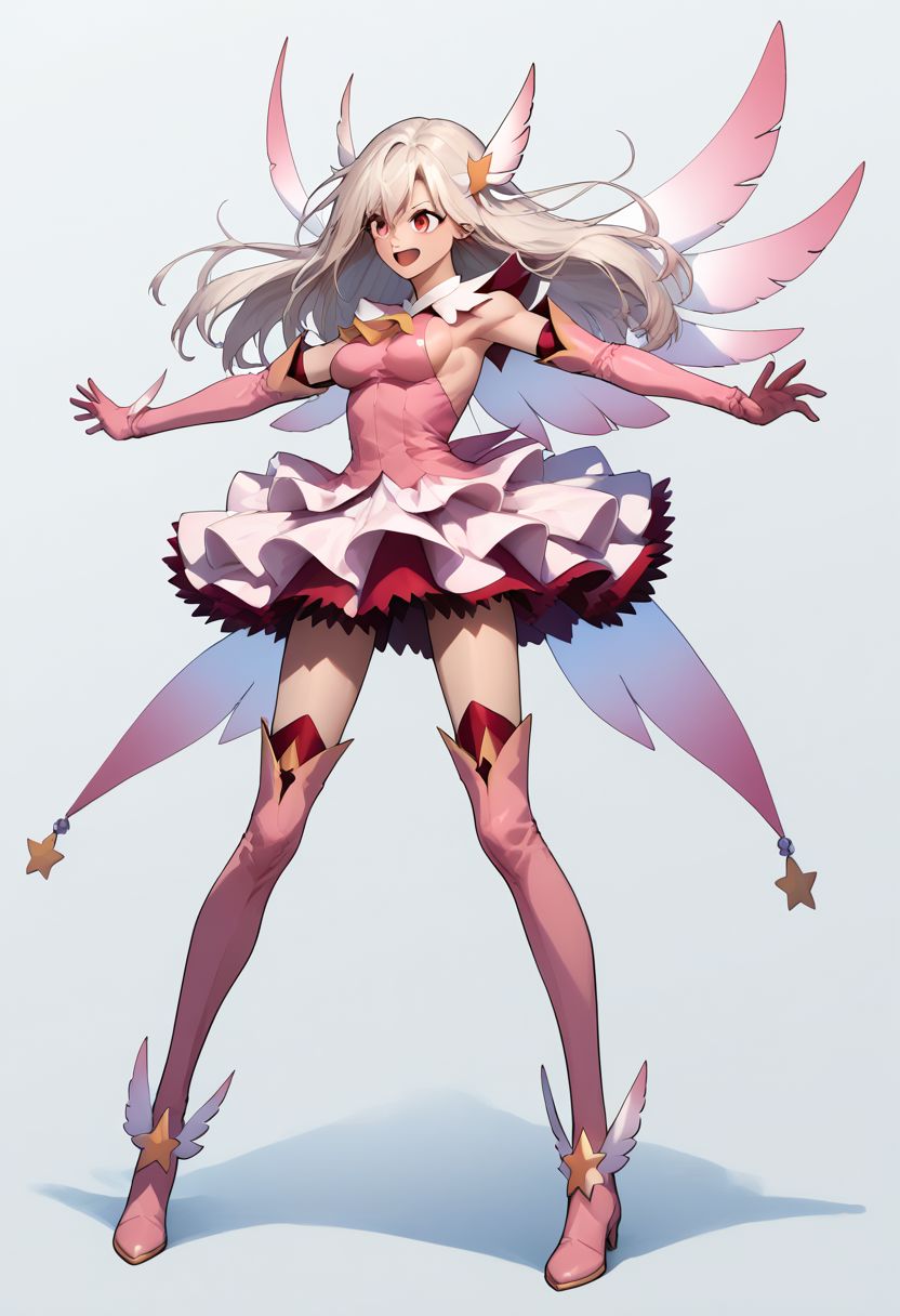 score_9, score_8_up, score_7_up, source_anime,(1girl), solo, white hair, red eyes, long hair, hair ornament, feathers, pink dress, elbow gloves, magical girl, pink thigh Boots, ((((tall female, adult, long legs, medium breasts)))), sideboob, standing, full body, smiling, grinning, fighting stance, shouting