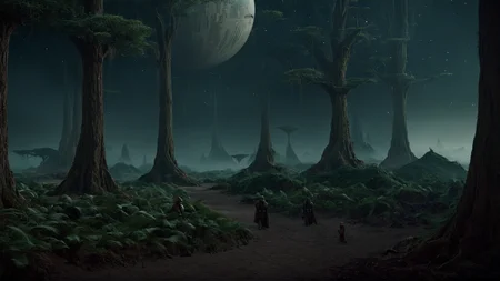 cinematic film still of <lora:star wars style:0.2>
<lora:detailed:0.4> detailed
<lora:perfection style:0.4> perfect
<lora:PerfectEyesXL:0.5>
<lora:Chiaroscuro Lighting Style:0.3>
<lora:Kashyyyk:0.9>
Kashyyyk a green and brown planet with a black background,in star wars style,tree,no humans,border,nature,scenery, shallow depth of field, vignette, highly detailed, high budget, bokeh, cinemascope, moody, epic, gorgeous, film grain, grainy