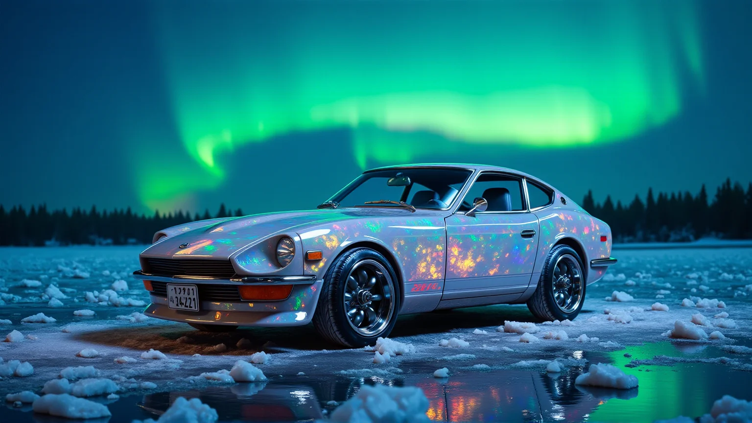A Datsun 240Z Fairlady, reimagined with ral-opal material, its surface shifting between midnight blue, aurora green, and radiant magenta, reflecting the ethereal glow of the Northern Lights above. Parked on a frozen, glassy lake, the carâs opal-textured surface gleams under the celestial glow, creating a surreal interplay of light and color. The chrome accents shimmer, catching the reflections of the undulating auroras. The crisp Arctic air and soft lighting enhance the futuristic and luxurious quality of the car.
<lora:ral-nssndtsn:1.1> <lora:ral-opal-flux:1>