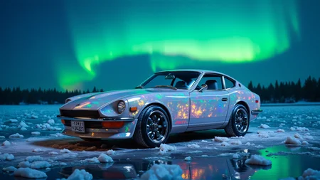 A Datsun 240Z Fairlady, reimagined with ral-opal material, its surface shifting between midnight blue, aurora green, and radiant magenta, reflecting the ethereal glow of the Northern Lights above. Parked on a frozen, glassy lake, the carâs opal-textured surface gleams under the celestial glow, creating a surreal interplay of light and color. The chrome accents shimmer, catching the reflections of the undulating auroras. The crisp Arctic air and soft lighting enhance the futuristic and luxurious quality of the car.
<lora:ral-nssndtsn:1.1> <lora:ral-opal-flux:1>