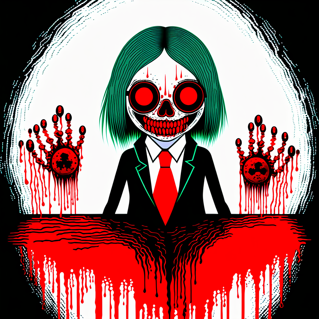 blood, 1girl, horror (theme), glasses, ball, necktie, skull