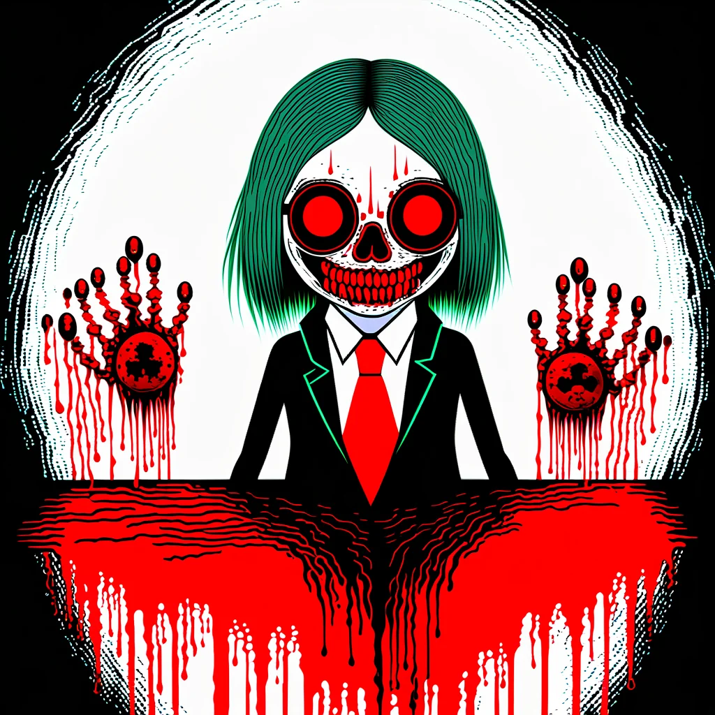 blood, 1girl, horror (theme), glasses, ball, necktie, skull
