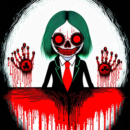 blood, 1girl, horror (theme), glasses, ball, necktie, skull