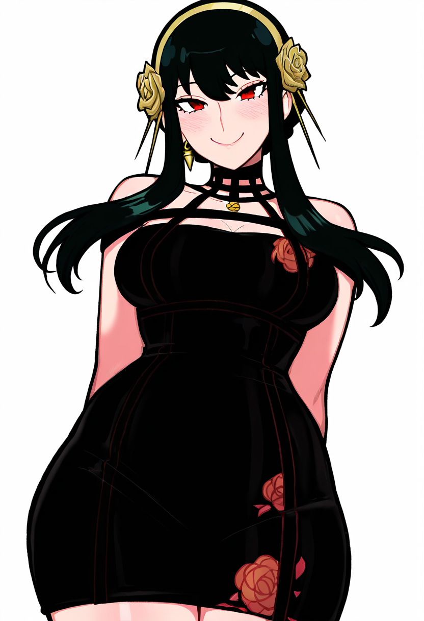 masterpiece, best quality, medium breasts, (curvy),   BREAK, Yor Briar, Yor Forger, 1girl, black hair, red eyes, short hair with long locks, gold hairband, hair flower, black choker, black dress, sleeveless, off shoulder, floral print, fingerless gloves,smile, looking at viewer, cowboy shot, sexy pose, dynamic angle,  <lora:AfrobullNAI:0.8>,
