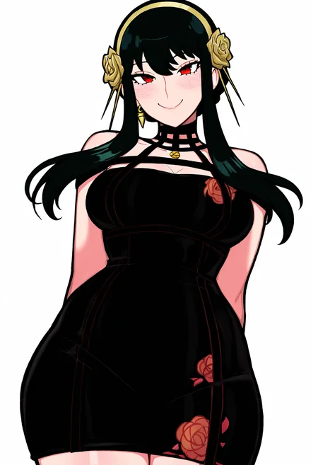 masterpiece, best quality, medium breasts, (curvy),   BREAK, Yor Briar, Yor Forger, 1girl, black hair, red eyes, short hair with long locks, gold hairband, hair flower, black choker, black dress, sleeveless, off shoulder, floral print, fingerless gloves,smile, looking at viewer, cowboy shot, sexy pose, dynamic angle,  <lora:AfrobullNAI:0.8>,
