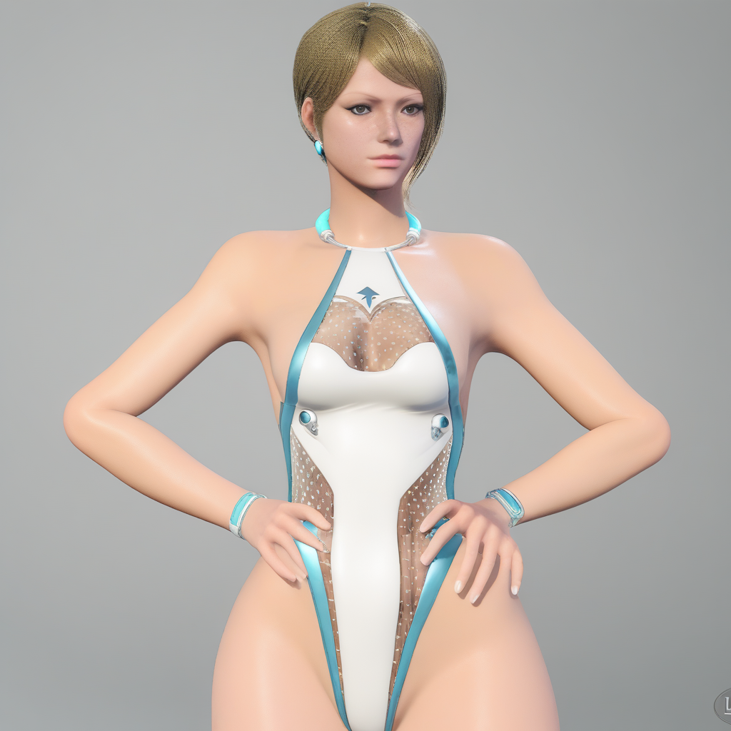 one-piece swimsuit, medium breasts, short hair, hand on hip, full body, black eyes, high heels, back, white background, jewelry, leotard, freckles, large breasts