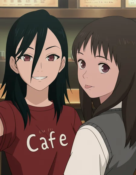 <lora:izumi-maho-illustrious-000015:1> 2girls, cafe, upper body
2girls, minamimaho, t-shirt, grin, selfie
2girls, ishiguroizumi, sweater vest, :p, masterpiece,best quality,amazing quality