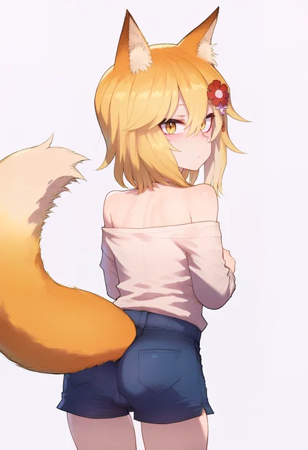 score_9, best quality, masterpiece, uncensored, source_anime
BREAK
1girl, solo, looking at viewer, blush, bangs, blonde hair, simple background, shirt, hair ornament, white background, animal ears, hair between eyes, bare shoulders, tail, yellow eyes, white shirt, ass, flower, cowboy shot, shorts, looking back, pants, hair flower, medium hair, off shoulder, from behind, animal ear fluff, fox ears, fox tail, denim, fox girl
<lora:merratatustle_pony_v6:1> <lora:SenkoXL:1>