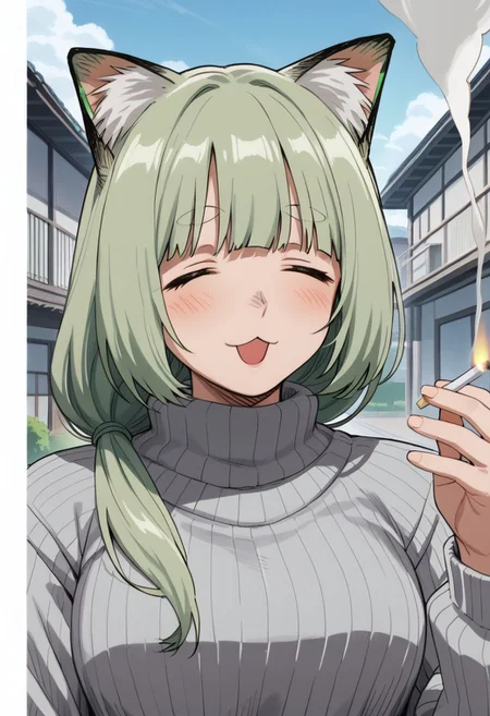 score_9, score_8_up, score_7_up, best quality, masterpiece, anime screencap, anime coloring, 1girl, solo, looking at viewer, upper body, shizue, 1girl, cigarette, animal ears, sweater, closed eyes, cat ears, solo, smoking, smile, ribbed sweater, holding, thick eyebrows, blush, long hair, open mouth, smoke, turtleneck, breasts, animal ear fluff, bangs, turtleneck sweater, light green hair,
