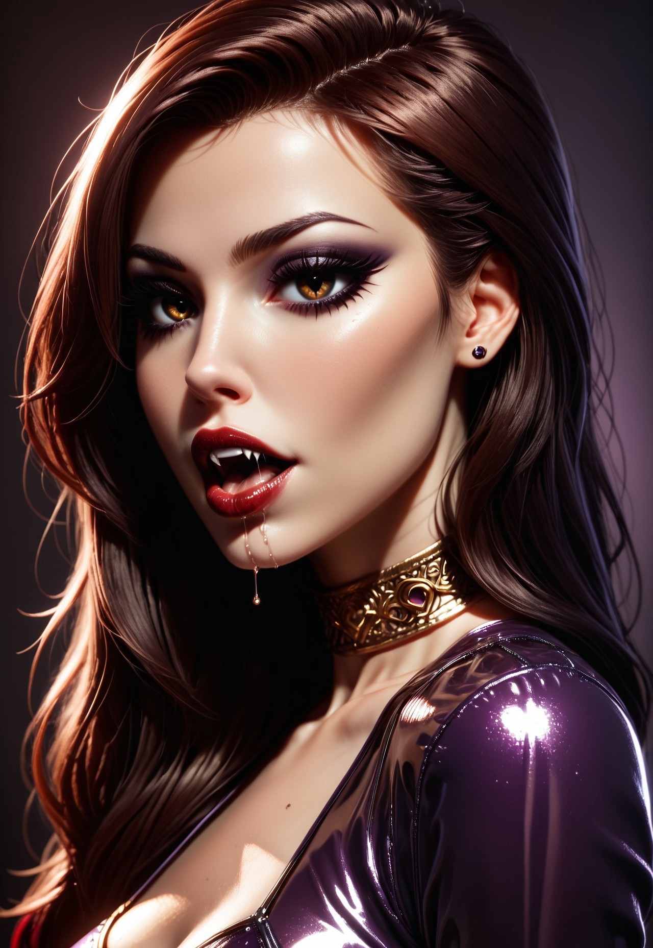 safe_pos, score_9, score_8_up, score_7_up, score_6_up, score_5_up, score_4_up, 1girl, closeup portrait of leu_hanna_1, gothicstyle, (fully clothed), 1girl, solo, 21yo, pale skin, red-burgundy pronounced lips, beautiful eyes, perfecteyes, brown eyes, medium 34D breasts, fit girl, nicely outlined calf muscles, aroused, ((sexy latex dress, red and purple dress, long sleeves)), ((gold choker, bracelets, anklets)), (simple blurred background, depth of field), slim figure, nicely outlined calf muscles, red-burgundy pronounced lips, open mouth, fangs, dripping saliva, aggresive, simple background, dark brown hair, swept bangs, very long hair, gothic body armor, goth accessories, goth makeup, beautiful eyes, bright colors, high contrast, vivid lighting, rating_safe, BREAK, deep brown eyes, up close, neon hearts lights dark, chiaroscuro, low-key <lora:SDXLCAF-000010:0.7> cigarettesaftersex