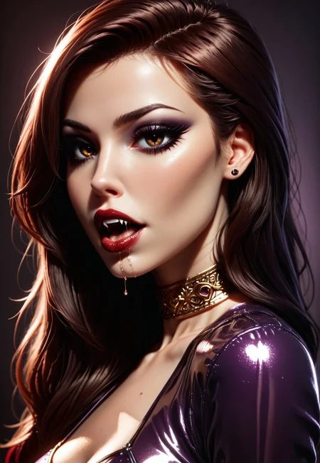 safe_pos, score_9, score_8_up, score_7_up, score_6_up, score_5_up, score_4_up, 1girl, closeup portrait of leu_hanna_1, gothicstyle, (fully clothed), 1girl, solo, 21yo, pale skin, red-burgundy pronounced lips, beautiful eyes, perfecteyes, brown eyes, medium 34D breasts, fit girl, nicely outlined calf muscles, aroused, ((sexy latex dress, red and purple dress, long sleeves)), ((gold choker, bracelets, anklets)), (simple blurred background, depth of field), slim figure, nicely outlined calf muscles, red-burgundy pronounced lips, open mouth, fangs, dripping saliva, aggresive, simple background, dark brown hair, swept bangs, very long hair, gothic body armor, goth accessories, goth makeup, beautiful eyes, bright colors, high contrast, vivid lighting, rating_safe, BREAK, deep brown eyes, up close, neon hearts lights dark, chiaroscuro, low-key <lora:SDXLCAF-000010:0.7> cigarettesaftersex