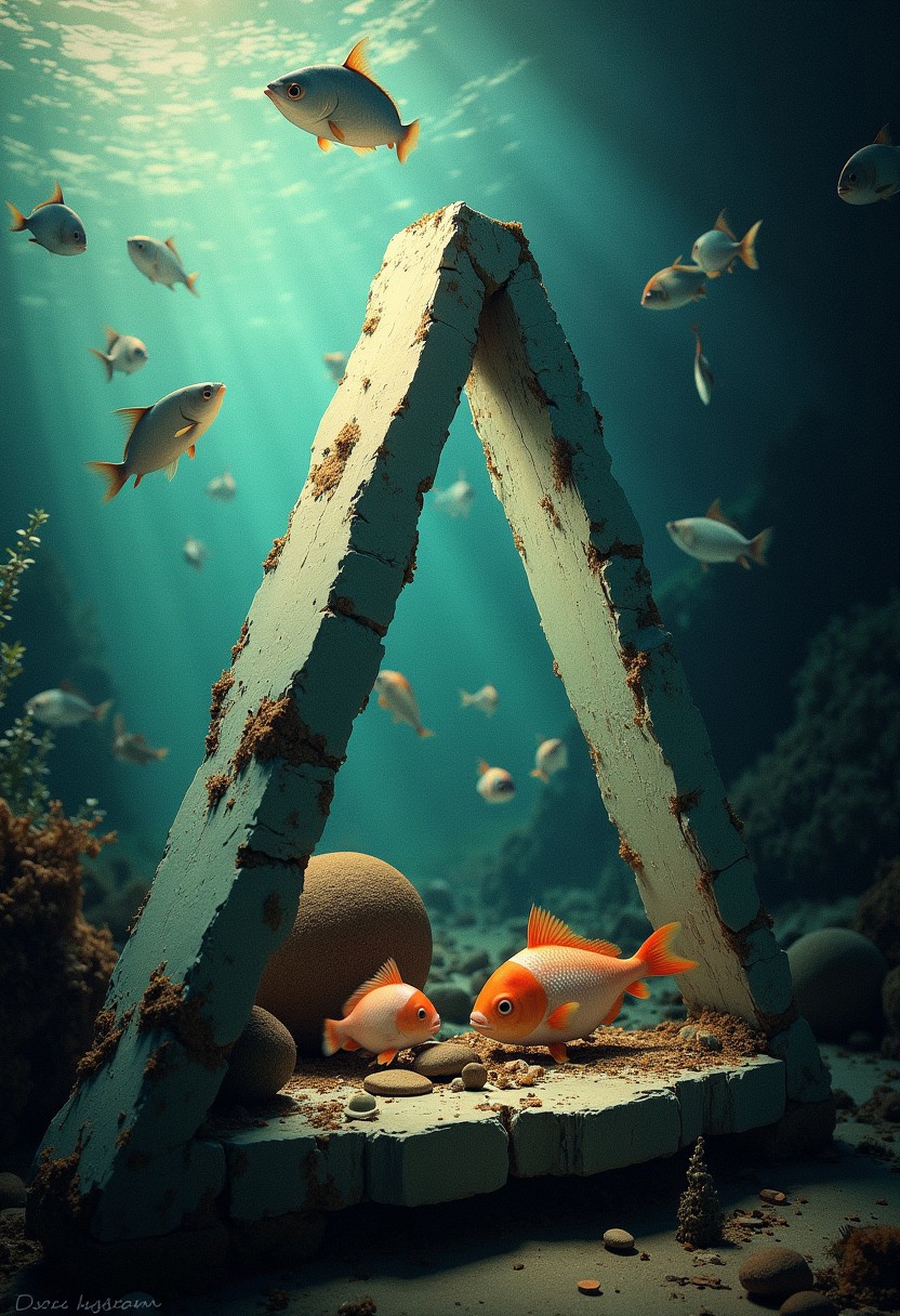 Create an image that only uses triangle forms. Incorporate fishes. The composition should feel haphazard and raw, evoking odd charm. Atmospheric light.