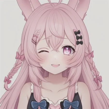 the photo of a 1girl, ahoge, animal_ears, bare_shoulders, blue_bow, bow, braid, collarbone, hair_bow, hair_ornament, hairclip, long_hair, one_eye_closed, open_mouth, pink_eyes, pink_hair, rabbit_ears, simple_background, smile, solo, twin_braids, upper_body, virtual_youtuber, white_background, pipkin pippa