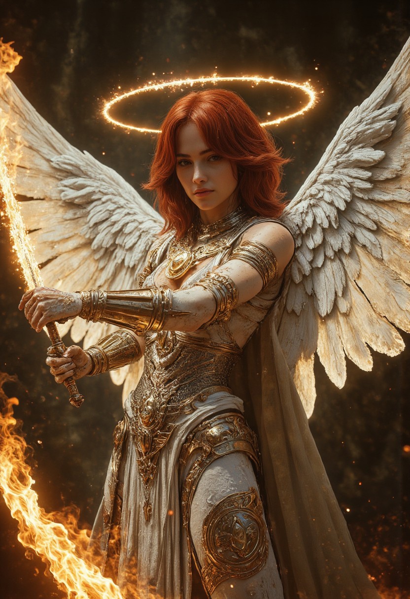 realistic, PHOTOREALISTIC, (futuristic warrior swinging a burning long sword:1.3), ((sexy dynamic pose:1.3)), 25 years old, perfect quality, high quality, swinging fiery long sword at viewer, (sci-fi, burnig halo, White large Angel wings:1.3), goddess, red hair, sleek long straight bob hair cut with bangs, athletic female, ((fitness models, muscle detail, detailed muscle)), long athletic muscular legs, athletic round muscular butt, athletic hips, perfect breasts, perfect body, epic, long hair, intricate hairstyle, side shot, cute, cropped body, legs, soft skin, soft skin, textured skin ,shining glossy skin, soft abs, slim waist, (slender body), dynamic angle, dynamic, dynamic shot, sci-fi, futuristic, ((intricate armored corset, showing sexy body underneath, greek sandals:1.2, armor parts on body:1.2, marble armor:1.2, greave, greek sandals, (glowing gold Kintsugi tattoos on body:1.3)), Expressiveh, (volumetric lighting:1.2), cinematic, cinematic lighting, reflections, ultra hd, visual effects, graphic effects, ambient occlusion, raytracing, soft lighting, realistic, blum effect, masterpiece, absolutely eye-catching, particles, glow, shining, (in sci-fi light room), intricate cinematic background, (beautiful cute face), relaxing, resting by the fire pit after battle, next to crystal clear pool of water, stretching her wings, feathers in the air, aidmaMJ6.1, aidmaimageupgrader, aidmaHyperrealism, aidmafluxpro1.1, (Perfect hands holding sword hilt, Detailed hands, 5 fingers)