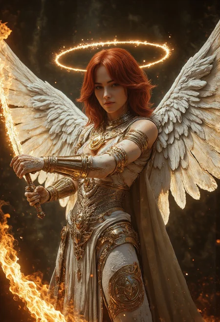 realistic, PHOTOREALISTIC, (futuristic warrior swinging a burning long sword:1.3), ((sexy dynamic pose:1.3)), 25 years old, perfect quality, high quality, swinging fiery long sword at viewer, (sci-fi, burnig halo, White large Angel wings:1.3), goddess, red hair, sleek long straight bob hair cut with bangs, athletic female, ((fitness models, muscle detail, detailed muscle)), long athletic muscular legs, athletic round muscular butt, athletic hips, perfect breasts, perfect body, epic, long hair, intricate hairstyle, side shot, cute, cropped body, legs, soft skin, soft skin, textured skin ,shining glossy skin, soft abs, slim waist, (slender body), dynamic angle, dynamic, dynamic shot, sci-fi, futuristic, ((intricate armored corset, showing sexy body underneath, greek sandals:1.2, armor parts on body:1.2, marble armor:1.2, greave, greek sandals, (glowing gold Kintsugi tattoos on body:1.3)), Expressiveh, (volumetric lighting:1.2), cinematic, cinematic lighting, reflections, ultra hd, visual effects, graphic effects, ambient occlusion, raytracing, soft lighting, realistic, blum effect, masterpiece, absolutely eye-catching, particles, glow, shining, (in sci-fi light room), intricate cinematic background, (beautiful cute face), relaxing, resting by the fire pit after battle, next to crystal clear pool of water, stretching her wings, feathers in the air, aidmaMJ6.1, aidmaimageupgrader, aidmaHyperrealism, aidmafluxpro1.1, (Perfect hands holding sword hilt, Detailed hands, 5 fingers)