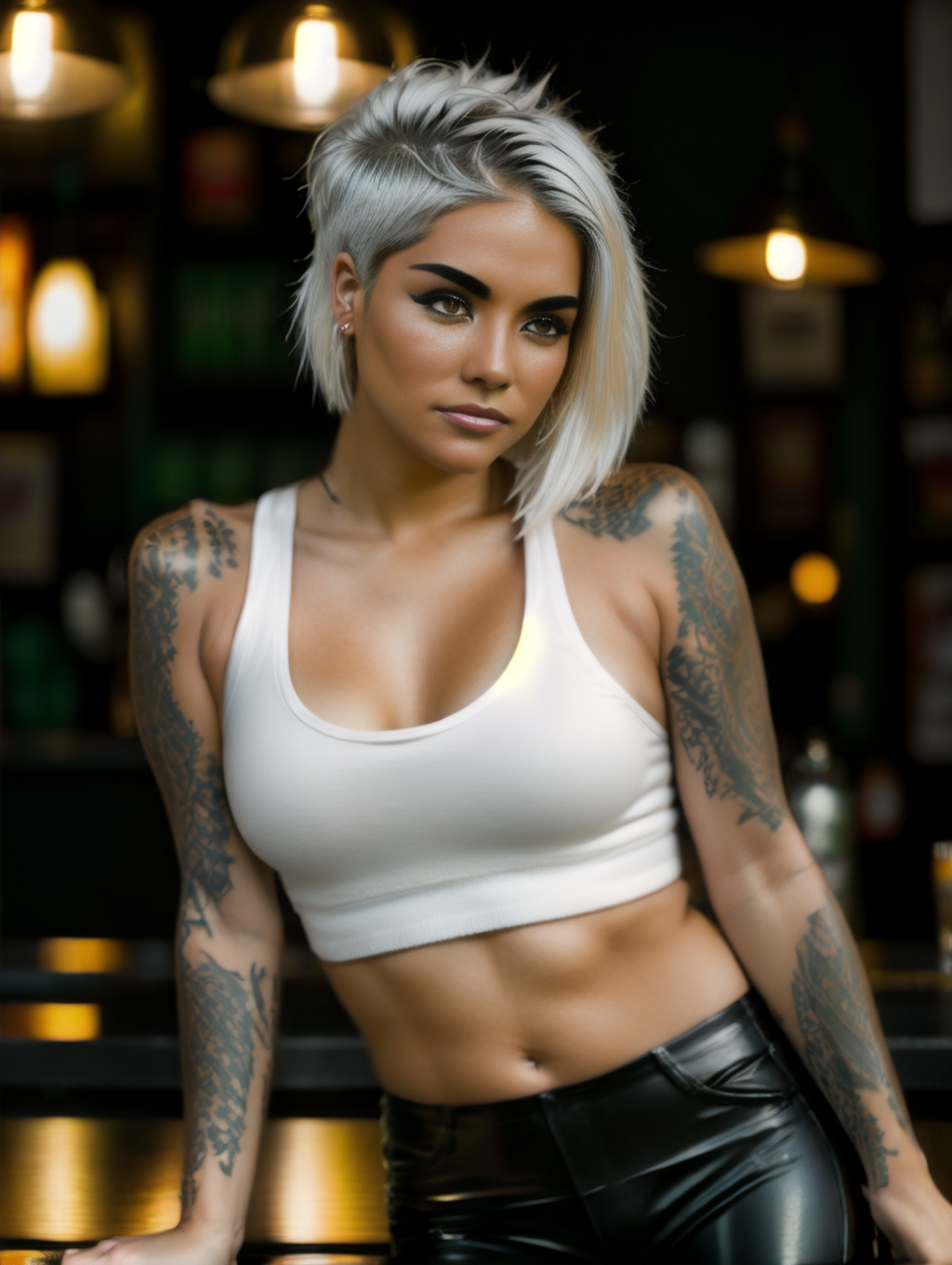 breathtaking A bartender woman, in a pub, wearing white tank top and leather pants, focus on eyes, masterpiece, award wining photography, sharp, soft lighty, artificial lights, cinematic, <lora:nighttime_v1:0.8> , <lora:reinaV1:1>, reinav1, masterpiece, award-winning, professional, highly detailed, detailed skin texture, (blush:0.5), (goosebumps:0.5), subsurface scattering, dry skin, fuzzy skin