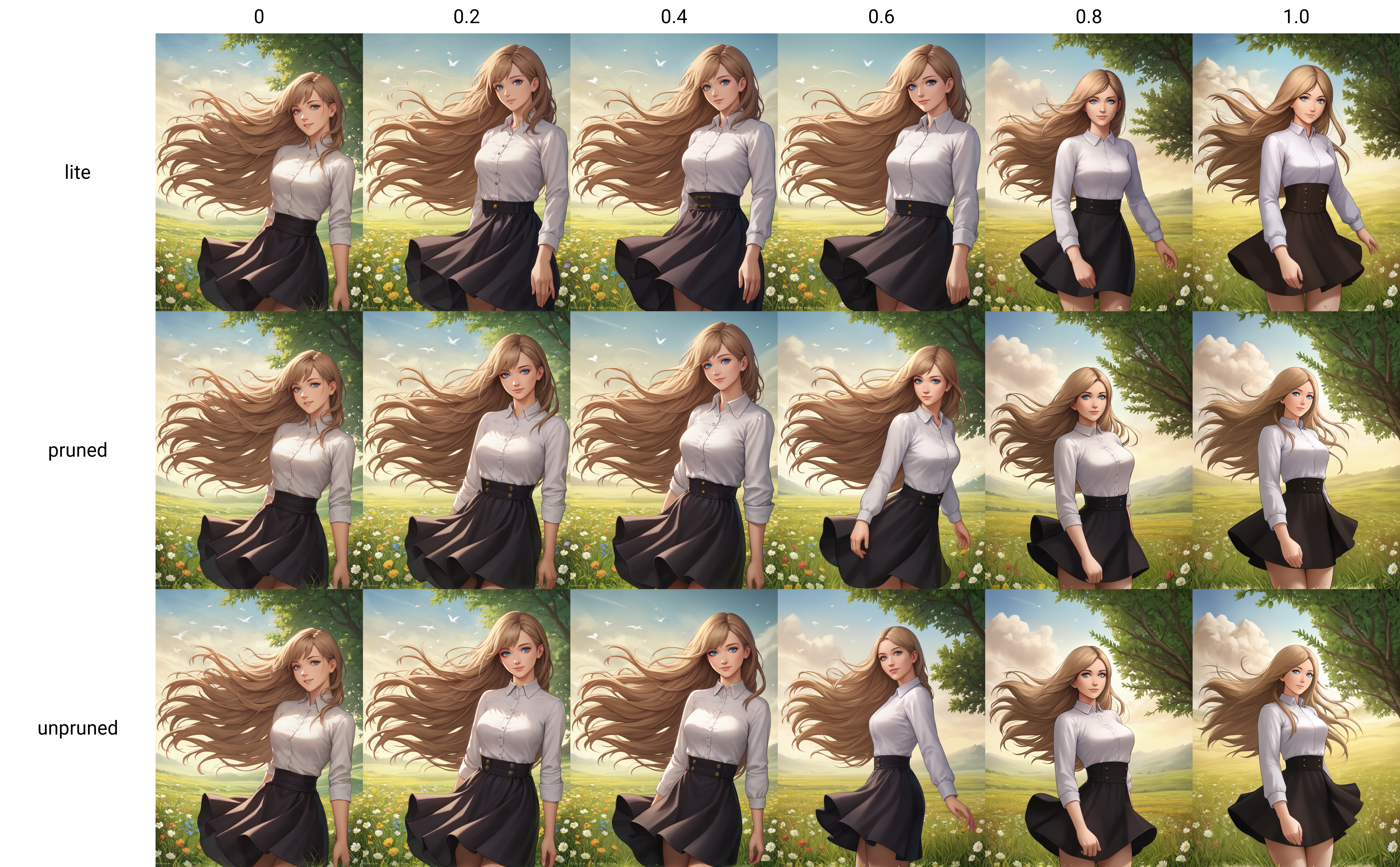 score_9, 
<lora:matoc_v1_lite:0>, 
1girl, 
long hair, light brown hair, brown hair, blue eyes, 
black high waist skirt, white shirt, 
looking at viewer, light smile, 
cowboy shot, 
outdoors, flowers, grass, 
hair in wind, 
high resolution, Masterpiece, detailed