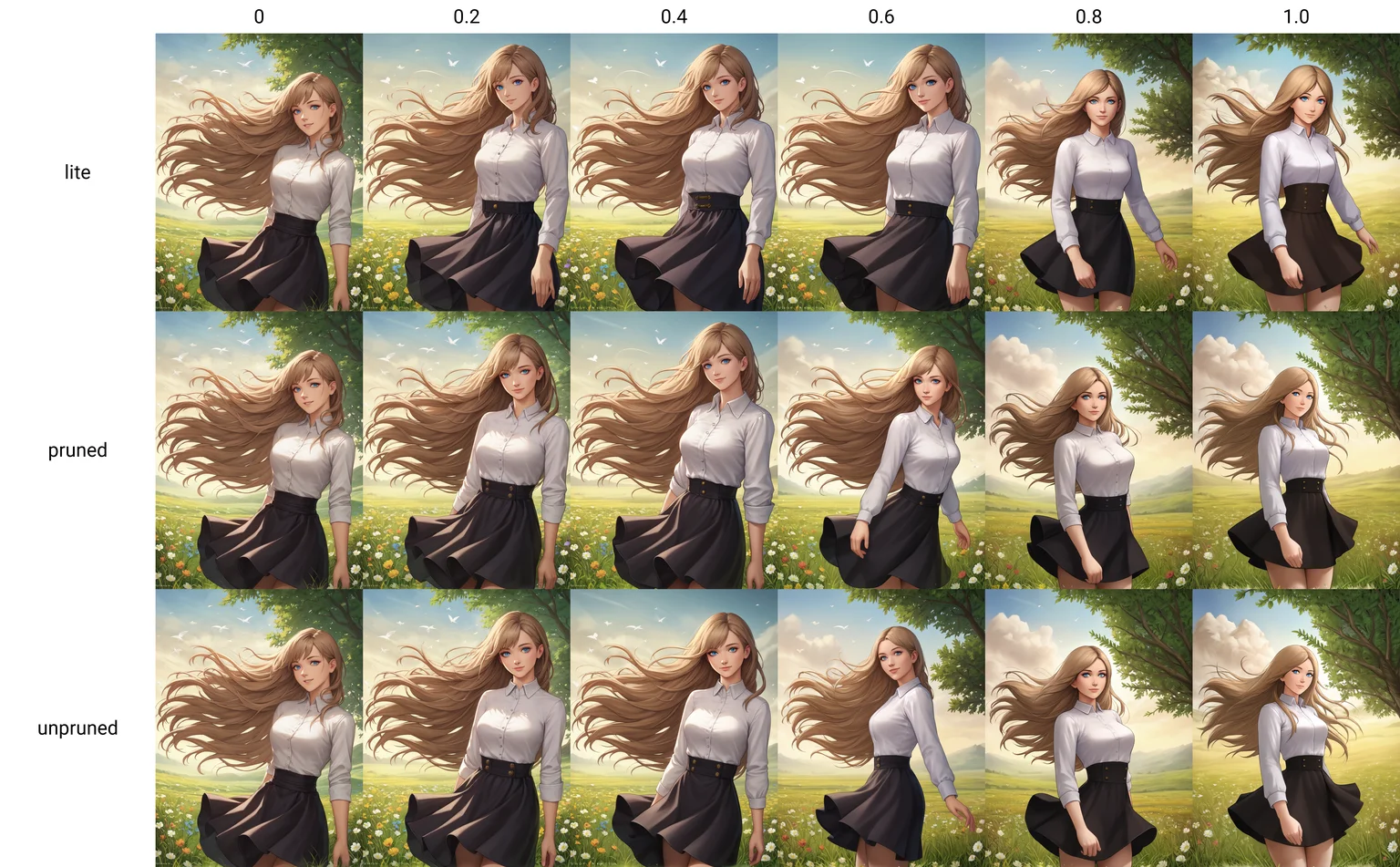 score_9,
<lora:matoc_v1_lite:0>,
1girl,
long hair, light brown hair, brown hair, blue eyes,
black high waist skirt, white shirt,
looking at viewer, light smile,
cowboy shot,
outdoors, flowers, grass,
hair in wind,
high resolution, Masterpiece, detailed