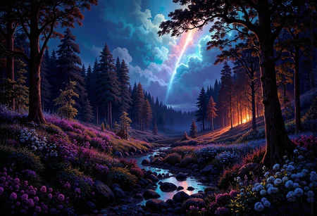 (in full view:1.2), (seen from a distance, wide angle:0.55), The style a combination of [Issac Asimov|Igor Zenin|Heather Theurer], Under lighting, alien planet, alien plants, bioluminescent plants. Harmonious madness, synergy with chance, unique art style, mind bending art. Digital painting in a realistic style representing strange visions of A forest, struck by a meteorite that has been altered by radiation coming from the meteor. The forest, once a popular place for walks has transformed into something out of another dimension. The trees, plants and animals have all begun to transform into life forms alien to earth. The wild flowers have developed unusual growth patterns, most have become vines with smaller flowers and are less colorful. The trees have stayed their usual green color but their shape and size have been altered.  A digital rendering, high-res, ultra detailed, photo manipulation, altered realities, <lora:+FluxVelvet's_Mythic_Fantasy:0.7> <lora:Midjourney_Whisper_Chromaplex_Velvet_Myst_v01:0.4> <lora:Epic_gorgeous_Details-flux.1:0.4> <lora:Amazing_scenery_v3:0.6> <lora:UltraReal_Fine-Tune:0.3> <lora:Realism-lora-Flux:0.6> <lora:low-light-flux-v2:0.5>