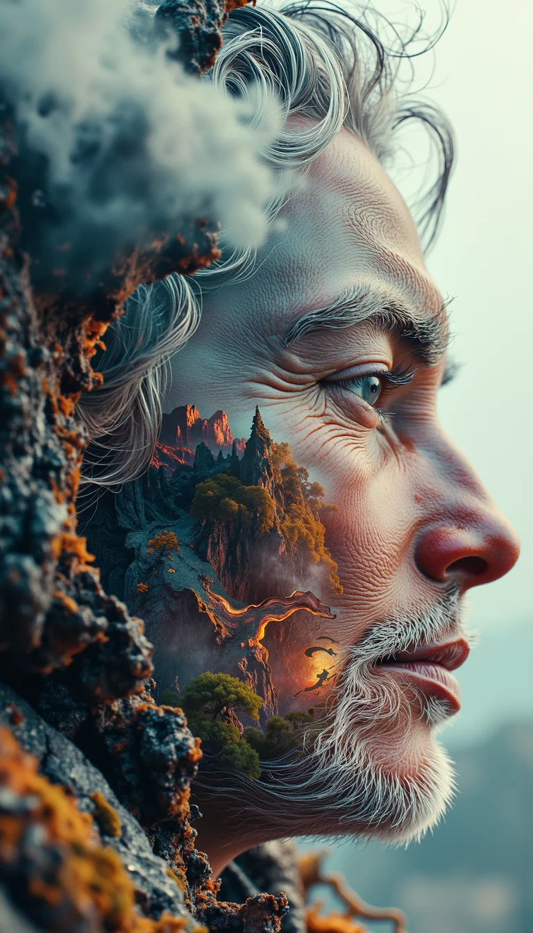 Surreal double exposure portrait blending the face of an indigenous elder with the topography of their ancestral lands. The portrait should seamlessly merge human features with natural landscapes, using the contours of the face to echo mountains, rivers, and forests. Textures of weathered skin should blend with bark and rock formations. The elder's eyes should be particularly striking, perhaps containing reflections of significant cultural symbols or wildlife native to the region.