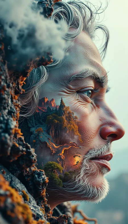 Surreal double exposure portrait blending the face of an indigenous elder with the topography of their ancestral lands. The portrait should seamlessly merge human features with natural landscapes, using the contours of the face to echo mountains, rivers, and forests. Textures of weathered skin should blend with bark and rock formations. The elder's eyes should be particularly striking, perhaps containing reflections of significant cultural symbols or wildlife native to the region.