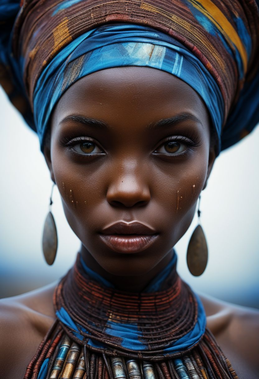 Close-up face, make-up, mysterious african woman in traditional clothing, goddess, alluring, by Minjae Lee, Carne Griffiths, Emily Kell, Steve McCurry, Geoffroy Thoorens, Aaron Horkey, Jordan Grimmer, Greg Rutkowski, amazing depth, double exposure, surreal, intricately detailed, bokeh,  perfect balanced, deep fine borders, artistic photorealism , smooth,  great masterwork by Suiras  <lora:add-detail-xl:2>  <lora:Double_Exposure:0.5>
