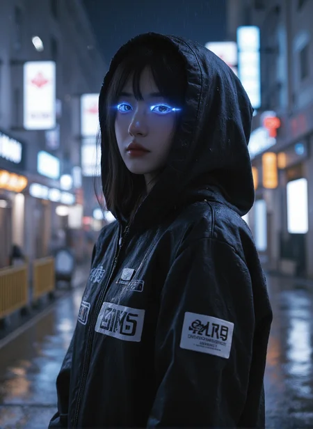 a female cyborg with neon blue eyes, wearing a futuristic hooded jacket, standing in a rainy cyberpunk city street at night, wet reflections, glowing signs. Masterpiece, best quality, ultra-detailed, 8k, sharp focus, photorealistic, ultra realism, V-Ray render, realistic skin.